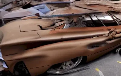 La imagen retrata una escena de desastre urbano donde un conductor chocó contra varios vehículos estacionados en Badalona.