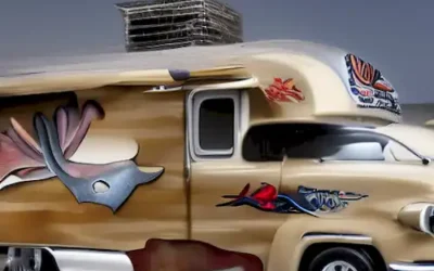 La imagen transmite el uso artístico de una pequeña aleta de tiburón como un elemento decorativo único en refugios sin hogar en ruedas.