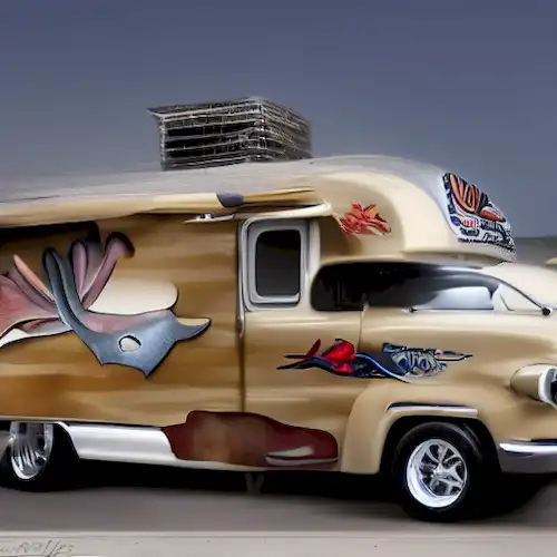 La imagen transmite el uso artístico de una pequeña aleta de tiburón como un elemento decorativo único en refugios sin hogar en ruedas.