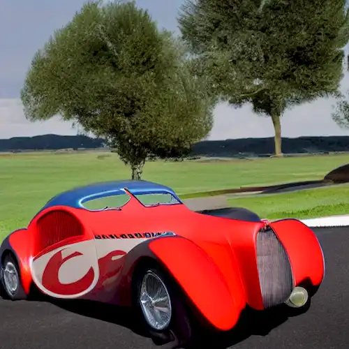La imagen debe representar el icónico Bugatti Tipo 57S Atlante, simbolizando su estatus como un coche legendario en la historia automotriz.