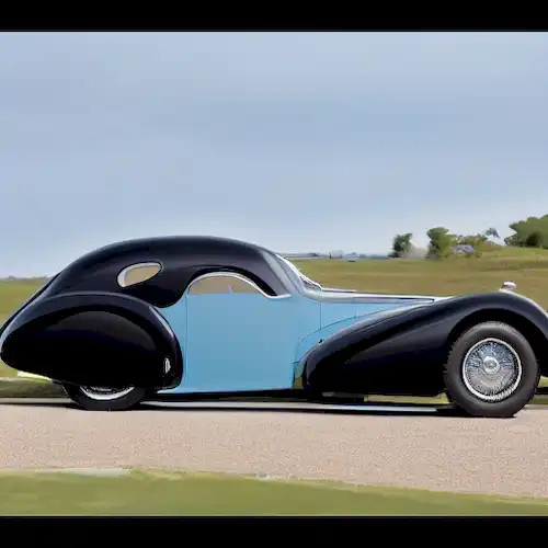 La imagen debe representar el famoso Bugatti Tipo 57S Atlante, un símbolo clásico de la historia automotriz que encarna elegancia y lujo.