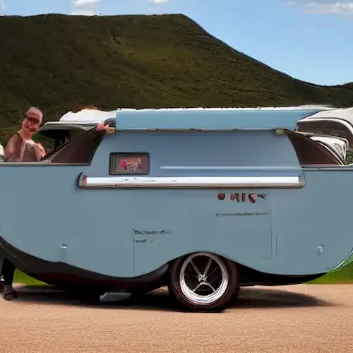 La imagen ilustra la emocionante aventura de una pareja suiza que viaja por Europa en una caravana remolcada por un tractor.