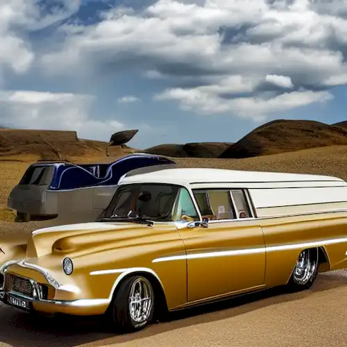 La imagen retrata la emocionante aventura de una pareja a través de Europa, viajando en una caravana tirada por un tractor a través de varios paisajes pintorescos.