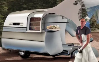 La imagen representa una emocionante aventura europea de una pareja suiza que viaja en una caravana tirada por un tractor.