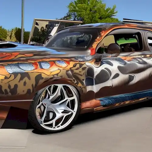 La imagen debe mostrar cómo máscaras y rompecabezas representan la hábil incorporación de patrones de camuflaje en el diseño del vehículo, lo que les permite mezclarse perfectamente en sus entornos.