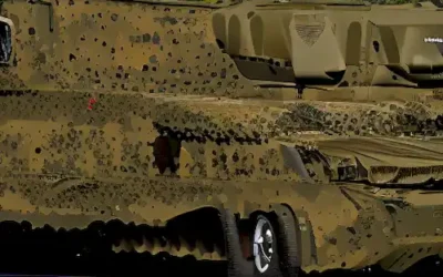 La imagen demuestra cómo los patrones de camuflaje creativos en los vehículos militares los mezclan eficazmente en su entorno