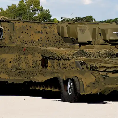 La imagen demuestra cómo los patrones de camuflaje creativos en los vehículos militares los mezclan eficazmente en su entorno