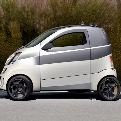 La imagen debe representar un diseño de microcar compacto y fácil de usar con características de seguridad claras, específicamente para los conductores jóvenes de 15 años y más.
