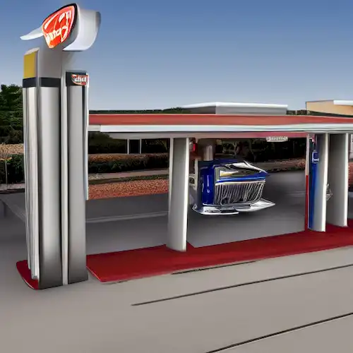 La imagen debe demostrar un escenario conveniente de la estación de gas en coche donde los motoristas pueden recargar rápidamente sus vehículos sin dejar sus coches.