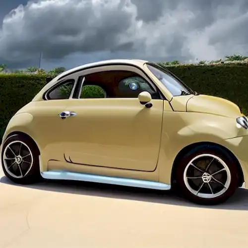 La imagen retrata un elegante e innovador Fiat 500 Off-Shore Edition Miami, combinando perfectamente las características automotrices con las capacidades semáquinas.