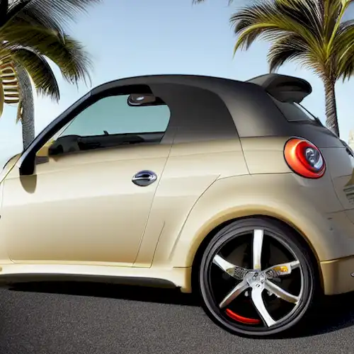 La imagen representa la Fiat 500 Off-Shore Edition Miami, que combina la innovación y el estilo para crear un vehículo único y semiacuático perfecto para las aventuras urbanas.