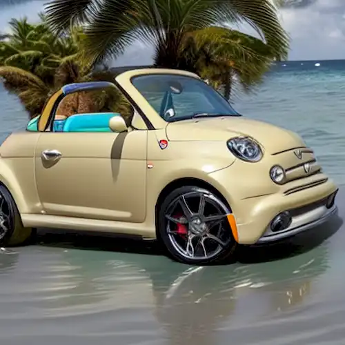 La imagen demuestra la Fiat 500 Off-Shore Edition Miami como un vehículo único y elegante que combina la innovación con la practicidad tanto para las aventuras terrestres como para el agua.