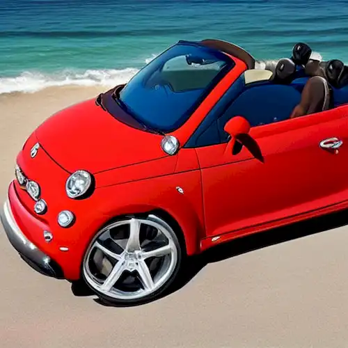 La imagen captura la esencia de la Fiat 500 Off-Shore Edition Miami, mezclando la innovación y el estilo en un vehículo semiacuático único.