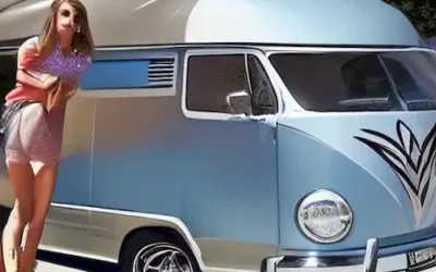 La imagen representa a Shakira montando un caballo llamado Rodaja cerca de Volkswagen California camper vans