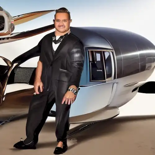 La imagen debe representar Maluma disfrutando de una experiencia de vuelo lujosa y privada, destacando su estilo de vida glamoroso y su aventura aérea única.