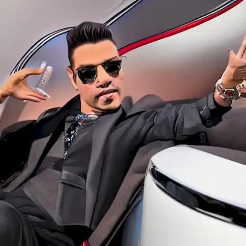 La imagen retrata Maluma disfrutando de una experiencia de vuelo lujosa e íntima, destacando su estado de celebridad.