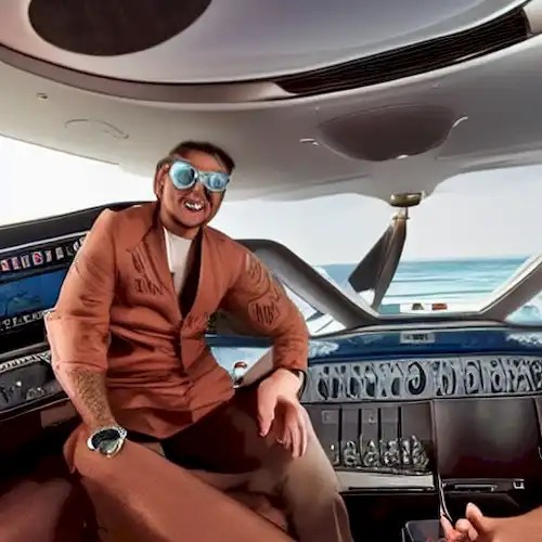 La imagen debe representar Maluma disfrutando de una experiencia de vuelo lujosa y privada como símbolo de su éxito y estilo de vida de alto vuelo.