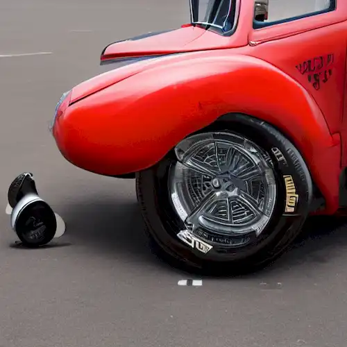 La imagen representa el activismo de deflación de neumáticos por The Tyre Extinguishers en Barcelona, donde aflojan y retighten ruedas de vehículos para disminuir las emisiones de CO2.