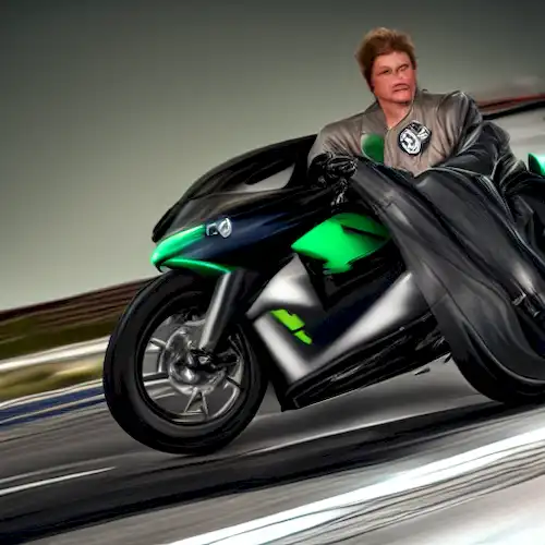 La imagen debe representar Tom Cruise montando un Kawasaki Ninja H2 Carbon, encarnando la emoción de alta velocidad en el mundo emocionante de Top Gun: Maverick.