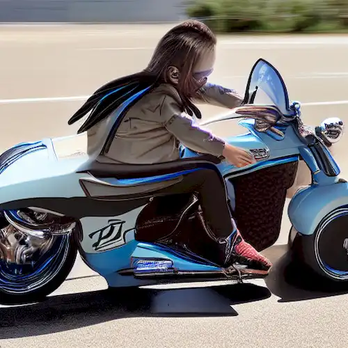 La imagen demuestra las medidas adecuadas de seguridad infantil de los pasajeros en una motocicleta, garantizando tanto su bienestar como el cumplimiento de los requisitos legales.