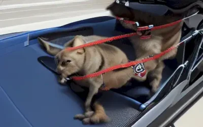 La imagen debe representar un portador seguro de mascotas conectado a la moto con un arnés de seguridad visible para la protección de la mascota durante el transporte.