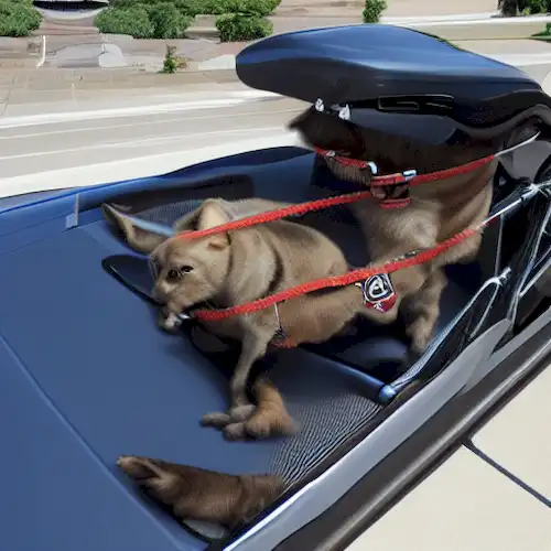 La imagen debe representar un portador seguro de mascotas conectado a la moto con un arnés de seguridad visible para la protección de la mascota durante el transporte.