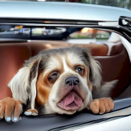 La imagen debe representar a un propietario responsable del perro siguiendo pautas para viajar con su mascota, evitando cualquier posible sanción.